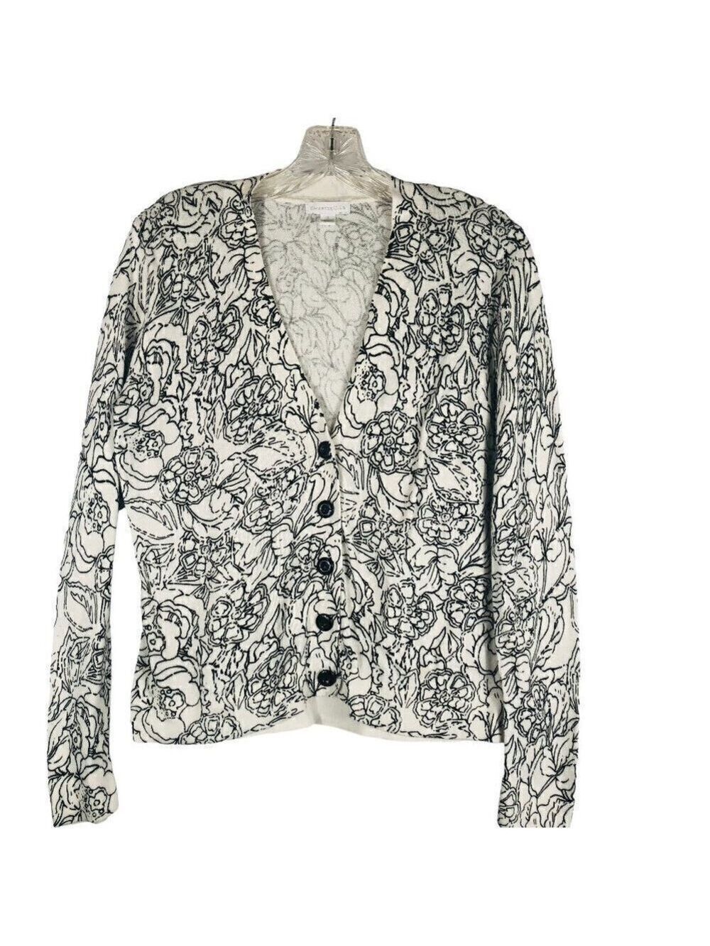 Charter Club Cottagecore Black and White Floral Print Cardigan Sweater Size S